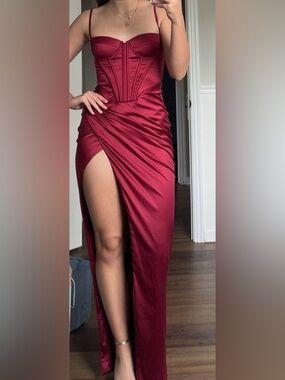 Babyboo DESPINA Maxi Dress – Wine Burgundy – Size XS – Satin Corset Formal Gown